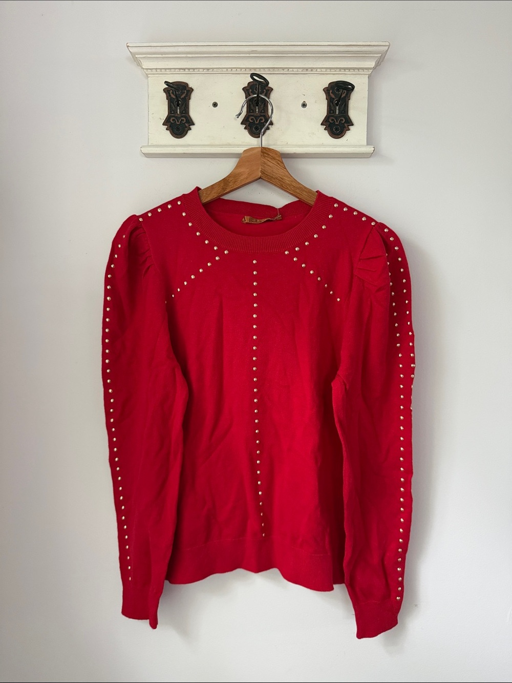 Belldini Red Crew Neck Sweater with Stud Detail Puffed Shoulder Feminine